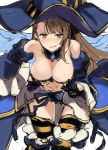  &gt;:) 1girl adjusting_clothes bangs bare_shoulders beatrix_(granblue_fantasy) bent_over black_gloves blue_hat blush breasts brown_hair cleavage detached_collar detached_sleeves eyebrows eyebrows_visible_through_hair gloves granblue_fantasy green_eyes grin halloween halloween_costume hand_on_hip hat large_breasts leaning_forward long_hair long_sleeves navel no_nose nose_blush simple_background sketch smile solo striped striped_legwear thigh-highs tooya_daisuke white_background wide_sleeves witch_hat 