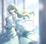 1girl blue_eyes breasts detached_sleeves frog_hair_ornament green_hair hair_ornament hair_tubes highres japanese_clothes kochiya_sanae large_breasts long_hair long_skirt looking_at_viewer nicoby nontraditional_miko skirt smile snake_hair_ornament solo touhou wind