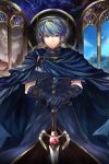  1boy blue_eyes blue_gloves blue_hair constellation fire_emblem fire_emblem:_mystery_of_the_emblem gloves highres holding holding_sword holding_weapon looking_at_viewer machi_wt male_focus marth solo sword weapon 