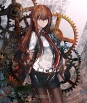  1girl anonamos artist_name bangs belt black_legwear black_shorts blue_eyes brown_hair closed_mouth collared_shirt cowboy_shot dress_shirt gears hair_between_eyes highres legwear_under_shorts long_hair long_sleeves looking_at_viewer makise_kurisu necktie pantyhose red_neckwear shiny shiny_clothes shiny_legwear shirt short_shorts shorts solo standing steins;gate very_long_hair white_belt white_shirt wing_collar 