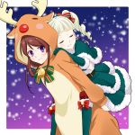 2girls :s aikatsu! animal_costume bell blonde_hair blush bow brown_hair christmas closed_eyes commentary_request drill_hair gloves green_gloves green_santa_costume hair_bow hair_ribbon hands_on_another&#039;s_shoulders kotobuki_oto light_smile multiple_girls piggyback red_bow reindeer_costume ribbon santa_costume shibuki_ran snowing toudou_yurika twin_drills violet_eyes yuri 