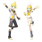  1boy 1girl aqua_eyes blonde_hair boots bow detached_sleeves full_body hand_up headphones highres ixima kagamine_len kagamine_len_(vocaloid4) kagamine_rin kagamine_rin_(vocaloid4) necktie official_art open_mouth sailor_collar short_hair shorts smile standing standing_on_one_leg transparent_background v4x vocaloid 