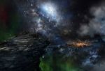  aurora cliff clouds commentary dark fantasy highres horizon iy_tujiki landscape long_hair mountain night night_sky original scenery sky snow star_(sky) starry_sky walking wind 