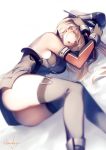  1girl artist_name ass bare_shoulders bismarck_(kantai_collection) blonde_hair blue_eyes breasts elbow_gloves gloves grey_gloves grey_legwear hat kantai_collection kyouya_(mukuro238) large_breasts long_hair looking_at_viewer lying on_bed on_side open_mouth peaked_cap sideboob solo thigh-highs 