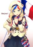  1girl aqua_eyes beret blonde_hair blue_hair breasts cleavage commandant_teste_(kantai_collection) cuon_(kuon) french french_flag gradient gradient_background hand_on_hip hat kantai_collection long_hair looking_at_viewer multicolored_hair multicolored_scarf redhead scarf solo white_hair 