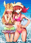  2girls :q akane_(pokemon) ao_(batsumaruha_to) bikini blue_sky blush breasts brown_hair cleavage embarrassed frilled_bikini frills hair_bobbles hair_ornament hairclip hat long_hair looking_at_viewer mikan_(pokemon) multiple_girls navel o-ring_bikini pink_bikini pink_eyes pink_hair pokemon pokemon_(game) pokemon_hgss sky splashing sun_hat swimsuit tongue tongue_out twintails two_side_up wading water wavy_mouth wet 