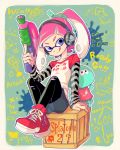  1girl :d alternate_hairstyle arm_support bangs black_legwear blue_eyes blue_skirt blunt_bangs box denim_skirt drawing english full_body game_console headphones holding holding_weapon inkling jajji-kun_(splatoon) jellyfish_(splatoon) liruty long_hair looking_at_viewer open_mouth pantyhose pencil_skirt pink_hair pointy_ears print_shirt raglan_sleeves red_shoes shirt shoes short_over_long_sleeves sitting skirt smile sneakers splat_roller_(splatoon) splatoon splattershot_(splatoon) striped striped_shirt suction_bomb_(splatoon) tentacle_hair torn_clothes torn_pantyhose twintails weapon wii_u 