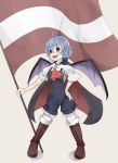  1girl alternate_costume ascot bat_wings blue_hair boots brown_shoes cape hand_on_hip knee_boots looking_at_viewer mknongr no_hat no_headwear open_mouth puffy_short_sleeves puffy_sleeves red_ascot red_eyes remilia_scarlet shoes short_hair short_sleeves teeth touhou wings 