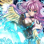  1girl angel angel_wings archangel_metatron_(p&amp;d) bangs bare_shoulders black_dress blue_eyes breasts bridal_gauntlets choker cleavage closed_mouth collarbone dress eyebrows eyebrows_visible_through_hair feathered_wings hair_between_eyes holding long_hair magic medium_breasts pink_hair puzzle_&amp;_dragons quill socha solo tsurime twitter_username wings 