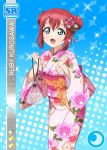  blush character_name fan green_eyes kimono kurosawa_ruby love_live! love_live!_sunshine!! pink_hair short_hair smile twin_buns 