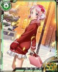  1girl bow card_(medium) christmas_tree earmuffs hair_bow holding lisbeth looking_at_viewer outdoors pink_eyes pink_hair red_bow scarf short_hair skirt snow solo star sword_art_online white_skirt 