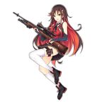 1girl bipod black_skirt boots bridal_gauntlets brown_hair girls_frontline gun hair_ornament long_hair looking_at_viewer m21 m21_(girls_frontline) magazine_(weapon) multicolored_hair official_art pleated_skirt red_eyes redhead rifle scope skirt solo thigh-highs weapon white_legwear 