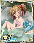  1girl bare_shoulders breasts brown_hair card_(medium) cleavage collarbone hair_between_eyes hair_ornament hair_ribbon naked_towel number onsen open_mouth partially_submerged pina_(sao) pink_towel red_eyes red_ribbon ribbon short_hair short_twintails silica sitting small_breasts solo star steam sword_art_online towel twintails 