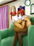  1girl blue_eyes brown_hair brown_legwear clock hair_between_eyes highres holding holding_phone indoors kentaurosu long_hair makise_kurisu pantyhose phone sitting solo steins;gate 