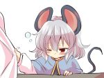  1girl animal_ears blush capelet commentary grey_hair mana_(gooney) mouse_ears mouse_tail nazrin one_eye_closed short_hair simple_background sleepy sleeve_tug solo tagme tail touhou white_background 
