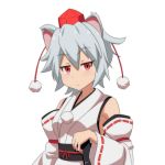  1girl animal_ears bare_shoulders cato_(monocatienus) detached_sleeves eyebrows eyebrows_visible_through_hair frown grey_hair hat inubashiri_momiji kourindou_tengu_costume looking_at_viewer pom_pom_(clothes) red_eyes ribbon-trimmed_sleeves ribbon_trim short_hair simple_background solo tokin_hat touhou upper_body white_background wolf_ears 