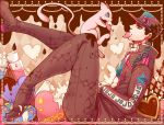  1boy argyle argyle_background black_hair boots chain cookie crossover earrings food food_in_mouth food_on_face frame from_side green_eyes hat heart heart_pillow hook jewelry jojo_no_kimyou_na_bouken kuujou_joutarou long_coat male_focus mew pillow pokemon pokemon_(creature) profile sitting skin_tight stud_earrings syei tail 