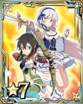  2girls armpits arrow asada_shino belt black_eyes black_hair blue_hairband boots bow_(weapon) breastplate breasts card_(medium) character_request cleavage green_eyes hairband heterochromia holding holding_sword holding_weapon long_hair looking_at_viewer medium_breasts midriff multiple_girls navel number one_leg_raised red_eyes shinon_(sao:hf) short_hair_with_long_locks sidelocks silver_hair smile star sword sword_art_online thigh-highs weapon white_boots yellow_eyes 
