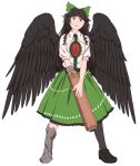  1girl arm_cannon asymmetrical_legwear bird_wings black_hair black_wings bow brown_eyes cape full_body green_skirt hair_bow highres long_hair looking_at_viewer mefomefo open_mouth reiuji_utsuho short_sleeves single_thighhigh skirt solo standing thigh-highs touhou weapon wings 