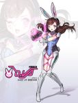  1girl ;d acronym adapted_costume alternate_eye_color animal_ears artist_name bangs blue_leotard bodysuit boots bracer breasts brown_eyes brown_hair bunny_girl bunny_print bunny_tail bunnysuit character_name charm_(object) copyright_name covered_navel d.va_(overwatch) eyebrows eyebrows_visible_through_hair eyelashes facepaint facial_mark fake_animal_ears finger_on_trigger full_body gloves groin gun handgun headphones heart high_collar highleg highleg_leotard holding holding_gun holding_weapon honnou_(kjs9504) knee_pads knees_together_feet_apart leotard long_hair medium_breasts one_eye_closed open_mouth overwatch pauldrons pilot_suit rabbit_ears ribbed_bodysuit short_sleeves shoulder_pads smile solo standing tail teeth thigh-highs thigh_boots thigh_strap twitter_username violet_eyes weapon whisker_markings white_boots white_gloves 