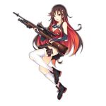  1girl bipod black_skirt boots breasts bridal_gauntlets brown_hair cleavage girls_frontline gun hair_ornament long_hair looking_at_viewer m21 m21_(girls_frontline) magazine_(weapon) multicolored_hair official_art pleated_skirt red_eyes redhead rifle scope shirt skirt solo thigh-highs torn_clothes torn_shirt torn_sleeves torn_thighhighs weapon white_legwear 