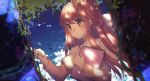  1girl blush brown_hair copyright_name dappled_sunlight digital_dissolve dress hair_ribbon half_updo long_hair red_eyes ribbon rin_(shelter) rosuuri shelter_(music_video) solo sunlight swing_set tablet 