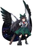  1girl arm_cannon asymmetrical_wings bird_wings black_wings bow full_body green_bow green_skirt hair_bow hand_on_hip highres long_hair long_skirt looking_at_viewer mikomo0106 open_mouth red_eyes reiuji_utsuho skirt smile solo standing star_(sky) touhou weapon wings 