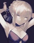  1girl armpits arms_behind_head black_dress blonde_hair breasts cleavage dress fate/grand_order fate/stay_night fate_(series) looking_at_viewer saber saber_alter sleeveless sleeveless_dress solo ya_4004 yellow_eyes 