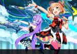  2girls :d aircraft airplane bangs blonde_hair blue_hair bow clouds cloudy_sky collared_shirt commentary detached_sleeves drill_hair fighter_jet freyja_wion frilled_skirt frills gochou_(atemonai_heya) green_eyes hair_bow hair_ornament heart_hair_ornament highlights holding_microphone idol jet knee_up long_hair macross macross_delta microphone mikumo_guynemer military military_vehicle multicolored_hair multiple_girls necktie open_mouth orange_hair outstretched_arm pink_legwear puffy_sleeves purple_hair red_bow shirt short_hair short_sleeves skirt sky smile standing star_(sky) starry_sky striped striped_skirt thigh-highs vest vf-31 vf-31_siegfried vf-31c vf-31j violet_eyes white_shirt yellow_necktie 