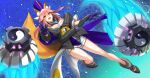  1girl :d animal_ears breasts cleavage fate/extella fate/extra fate_(series) fox_ears fox_tail gloves highres hinomoto_madoka japanese_clothes kimono looking_at_viewer open_mouth pink_hair purple_gloves smile solo tail tamamo_(fate)_(all) tamamo_no_mae_(fate) yellow_eyes 