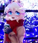  1girl ahoge blonde_hair blue_background blue_eyes blurry coat coffee_cup cup dated depth_of_field highres holding holding_cup kisaragiyuu merry_christmas open_mouth original scarf short_hair signature smile solo steam upper_body winter_clothes winter_coat 