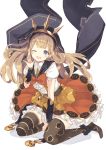  1girl ;d \m/ a_(nanananaaannaa) ankle_scrunchie asymmetrical_legwear bangs belt between_legs black_legwear blonde_hair blunt_bangs blush bow bracer cagliostro_(granblue_fantasy) eyebrows eyebrows_visible_through_hair floating_hair granblue_fantasy hairband halloween halloween_costume hood jack-o&#039;-lantern long_hair looking_at_viewer no_shoes one_eye_closed open_mouth orange_bow orange_skirt puffy_short_sleeves puffy_sleeves scrunchie shadow shirt short_sleeves simple_background sitting skirt smile solo spikes striped striped_legwear suspenders teeth thigh-highs violet_eyes wariza white_background white_shirt zettai_ryouiki 