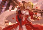  1girl aestus_domus_aurea aestus_estus ahoge architecture bangs blonde_hair blurry breasts cape claw_ring cleavage cleavage_cutout closed_mouth clouds cloudy_sky collarbone colonnade column covered_navel cowboy_shot depth_of_field dress epaulettes fate/extra fate/grand_order fate_(series) gloves greco-roman_architecture hair_intakes hand_up holding holding_sword holding_weapon jacky5493 juliet_sleeves laurel_crown light_smile long_sleeves looking_at_viewer meandros medium_breasts navel outdoors petals pillar puffy_sleeves red_dress rose_petals saber_extra see-through sky solo sword weapon white_cape white_gloves yellow_eyes 