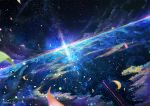  clouds colorful commentary dutch_angle ground_vehicle horizon lens_flare light_particles nanon_01 night night_sky no_humans original petals scenery sky star_(sky) surreal train twitter_username 