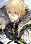  &gt;:) 1boy blonde_hair blue_eyes chain fate/extra fate/grand_order fate_(series) fur_trim gawain_(fate/extra) gloves highres looking_at_viewer male_focus shirabi_(life-is-free) smile solo white_gloves 