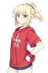  &gt;:&lt; 1girl alternate_costume aqua_eyes baseball_uniform blonde_hair braid casual closed_mouth clothes_writing cowboy_shot denim denim_shorts fate/apocrypha fate_(series) hand_on_hip haruyuki_(yukichasoba) hiroshima_touyou_carp looking_at_viewer nippon_professional_baseball ponytail red_shirt saber_of_red scrunchie shirt short_shorts short_sleeves shorts simple_background solo sportswear white_background wristband 