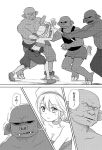  1girl 3boys axe bangs comic fangs fantasy greyscale hair_between_eyes hammer hat katri_(unwilling_orc) monochrome multiple_boys orc original ponytail revision shimazaki_mujirushi shirtless sweat translated valtava weapon 