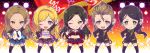  5girls arm_up black_hair black_legwear black_necktie blonde_hair blue_eyes brown_eyes brown_hair chibi commentary_request eyebrows eyebrows_visible_through_hair fujimoto_rina green_eyes hairband hand_on_hip idolmaster idolmaster_cinderella_girls katsuma_rei kimura_natsuki long_hair long_sleeves looking_at_viewer matsunaga_ryou midriff mukai_takumi multiple_girls necktie one_eye_closed open_mouth short_sleeves smile yamato_aki 