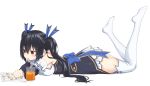  1girl bare_shoulders black_hair choujigen_game_neptune cup highres long_hair lying neptune_(series) noire oekakizuki on_stomach orange_juice reading red_eyes ribbon solo straw thigh-highs twintails very_long_hair 