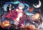  1girl aqua_eyes aqua_hair broom cape crescent_moon detached_sleeves halloween hatsune_miku jack-o&#039;-lantern long_hair moon navel night one_eye_closed outdoors pumpkin sky solo star_(sky) starry_sky thigh-highs toeless_legwear tree twintails very_long_hair vocaloid yan_(nicknikg) 