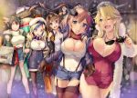  5girls ahoge alternate_costume armadillo-tokage bangs beret black_hair blonde_hair blue_eyes blue_hair blurry brand_name_imitation breast_press breasts brown_gloves brown_hair casual cellphone cleavage cleavage_cutout commandant_teste_(kantai_collection) covered_navel denim denim_shorts depth_of_field dress fur_trim garter_straps gloves hair_ornament hat highres huge_breasts impossible_clothes iowa_(kantai_collection) jacket kantai_collection kongou_(kantai_collection) large_breasts legs long_hair looking_at_another multicolored_hair multiple_girls nagato_(kantai_collection) one_eye_closed open_mouth outdoors pantyhose phone pink_dress plaid plaid_scarf redhead saratoga_(kantai_collection) scarf shirt shopping short_dress shorts side_ponytail side_slit smartphone smile snowing streaked_hair sunglasses suspenders sweat sweater swept_bangs taut_clothes thigh-highs thigh_gap thighs turtleneck_sweater violet_eyes white_hair white_shirt white_sweater 