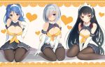  3girls adapted_costume bare_shoulders black_hair blue_eyes blue_hair blush breasts cleavage commentary_request double_bun elbow_gloves gloves hair_ornament hairclip hamakaze_(kantai_collection) highres isokaze_(kantai_collection) kantai_collection kneeling long_hair looking_at_viewer maid_headdress medium_breasts multiple_girls open_mouth pantyhose red_eyes short_hair silver_hair tebi_(tbd11) urakaze_(kantai_collection) white_gloves 