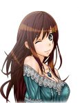  1girl atelier_(series) atelier_totori black_eyes breasts brown_hair cecilia_helmold cleavage collarbone hair_ornament jewelry k2 long_hair looking_at_viewer medium_breasts necklace one_eye_closed simple_background smile solo upper_body white_background 
