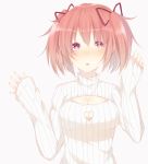  1girl artist_request breasts cleavage cleavage_cutout heart-shaped_hole kaname_madoka mahou_shoujo_madoka_magica open-chest_sweater pink_hair short_hair simple_background solo sweater twintails 