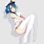  1girl alternate_costume bare_shoulders blue_eyes blue_hair breasts eyes_visible_through_hair female_admiral_(kantai_collection) grey_background hair_over_one_eye hat highres kantai_collection large_breasts long_hair lying midriff on_side shadow skirt solo tebi_(tbd11) thigh-highs tied_hair white_legwear white_skirt 