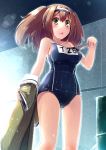  1girl brown_eyes brown_hair drum_(container) fuuki_(te_fuukin) holding i-26_(kantai_collection) jacket jacket_removed kantai_collection lens_flare long_hair looking_at_viewer name_tag school_swimsuit solo swimsuit triangle_mouth two_side_up wet wet_clothes 