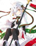  1girl ahoge bell black_gloves black_legwear blush bow capelet elbow_gloves fate/grand_order fate_(series) gloves hair_ribbon headpiece helmet jeanne_alter jeanne_alter_(santa_lily)_(fate) looking_at_viewer ribbon ruler_(fate/apocrypha) simple_background sitting solo striped striped_ribbon thigh-highs yano_mitsuki yellow_eyes 