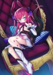  1girl aly_(wei983999767) blue_eyes chair dragon_girl dragon_horns dragon_tail fate/extra fate/extra_ccc fate_(series) flat_chest horns lancer_(fate/extra_ccc) looking_at_viewer pillow pointy_ears redhead sitting slit_pupils solo tail 