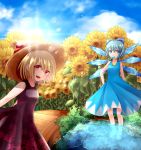 2girls :d adapted_costume backlighting bare_arms bare_shoulders blood blue_bow blue_dress blue_eyes blue_hair bow bridge cirno day dress field flower flower_field food_in_mouth hair_bow hand_on_hip hat hat_ribbon ice ice_wings looking_at_viewer multiple_girls open_mouth partially_submerged pool popsicle red_eyes red_ribbon ribbon rumia sakipsakip short_hair smile sun_hat sundress sunflower sunlight touhou wings 