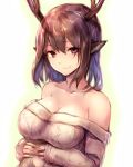  1girl animal_ears antlers bangs bare_shoulders borrowed_character breasts brown_eyes brown_hair cleavage collarbone highres large_breasts looking_at_viewer off-shoulder_sweater original shiny shiny_hair simple_background sketch smile solo sukemyon sweater upper_body white_sweater 